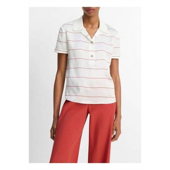 NEW VINCE knit collar stripe polo in cream/brick/rose - Picture 1 of 4
